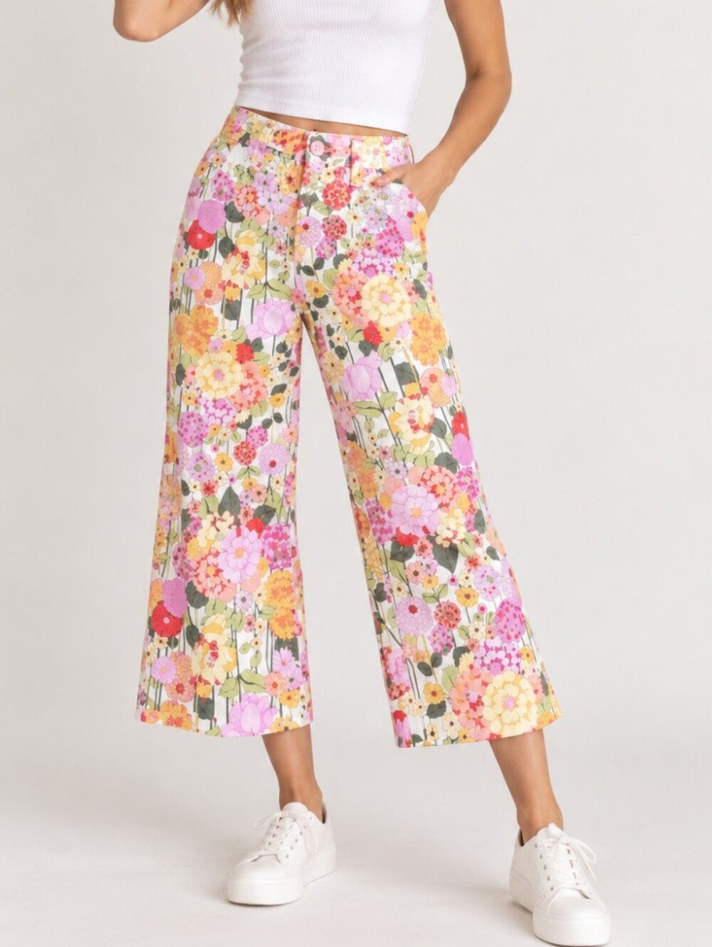 Vintage Pink Yellow Retro Floral Flower Power High Rise 60s 70s Crop Pant